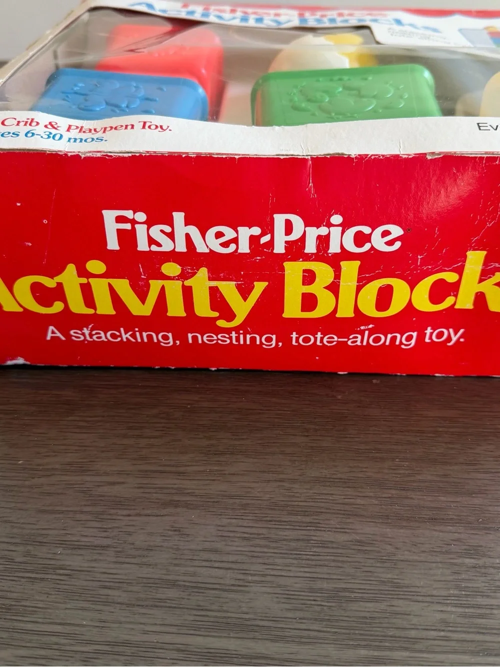Vintage Fisher Price Nesting Stacking Activity Blocks Crib Toy Complete Box 1986
